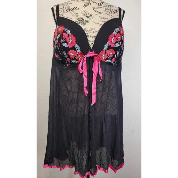 Lane Bryan Cacique Baby Doll Chemise Top 26/28 Black Floral Fairy Milkwife - Picture 2 of 7